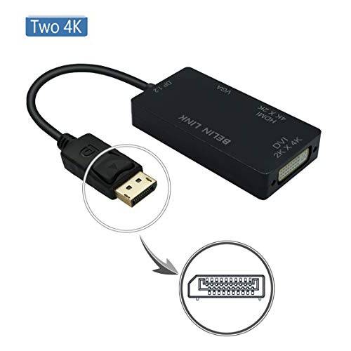 DP to HDMI VGA DVI 변환기 디스플레이Port,DP to HDMI Two 4K 변환기 3 인 1 디스플레이 Port to HDMI VGA DVI 컨버터 Male to Female Gold-Plated (Rectangle) (Black)