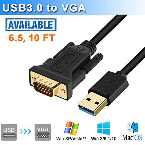 USB to VGA 변환기 케이블 호환가능한 with 맥 OS 윈도우 XP/ Vista/ 10/ 8/ 7, USB 3.0 to VGA Male 1080P 모니터 디스플레이 영상 Adapter/ 컨버터 Cord. (6.5FT)