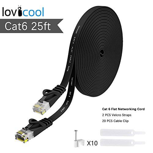 CAT6 랜포트 패치 케이블 25 ft Black, Lovicool Flat Internet 케이블 랜 네트워크 와이어 250MHz 10Gigabit 스피드 랜포트 케이블 PVC 케이스 with RJ45 커넥터 8M