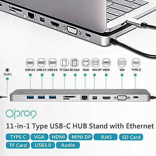 11-in-1USB C 허브 변환기 with HDMI, VGA, MiniDP, SD 카드 Reader, 3 x USB 3.0 Ports, 기가비트 랜포트 케이블 and 스테레오 헤드폰 Jack for 맥북/ 맥북 프로 그레이