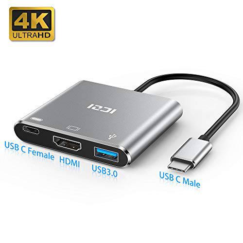 USB C 변환기, ICZI USB Type C to 4K HDMI 변환기 with USB A Port, Type C 3.1Power Delivery Port for MacBook, ChromeBook Pixel, Hp Spectre x360, 화웨이 P 30- Sliver