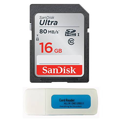 소니 DSCW800 메모리 카드 SanDisk SD 울트라 SDHC 80mb/ s works with 소니 Cybershot Black/ Silver 20.1 MP 디지털 카메라 (SDSDUNC-016G-GN6IN) with Everything But Stromboli (TM) 메모리 카드 리더,리더기