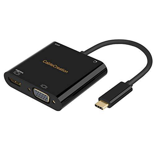 CableCreation USB C to 이중 HDMI+ VGA 변환기 with 3.5mm+ USB C 충전 Port 썬더볼트 3 Hub, 호환가능한 with 맥북 프로/ 아이패드 프로 2019 2018, 갤럭시 S10, XPS13, 서피스 고 to TV/ 프로jector/ 헤드폰