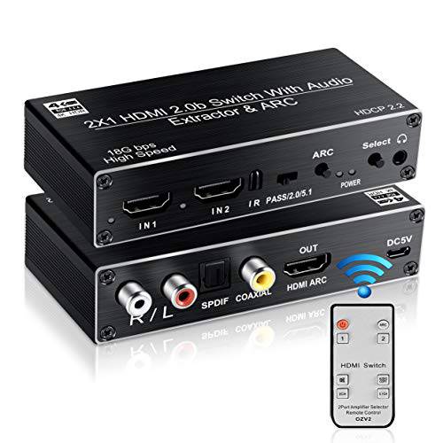 avedio links HDMI Switch 오디오 Extractor, HDMI Switch 분배 2 입력 1 Output with 원격 4K@60hz, 2-Port HDMI2.0b 변환기 박스 with 옵티컬, Optical Toslink SPDIF+ Coaxial+ 아날로그 RCA 스테레오 오디오 Out