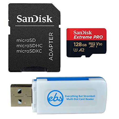 SanDisk 128GB 미니 SDXC Extreme 프로 메모리 카드 Works with DJI 오즈모 액션 카메라 (SDSQXCY-128G-GN6MA) Class 10, UHS-1, U3, 4K, 번들,묶음 with (1) Everything But Stromboli SD, 마이크로SD 카드 리더,리더기