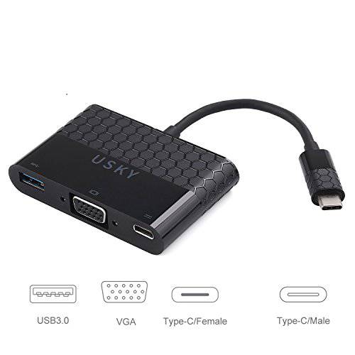 USB C to VGA멀티포트 변환기, USKY USB 3.1 VGAHub, Type C to VGA/ USB-C/ USB-3.0 충전 변환기 for New 맥북 Pro, 구글 Chromebook Pixel and More Type-C 디바이스