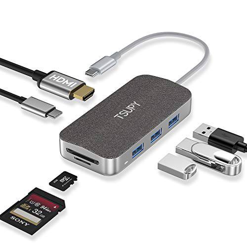 TSUPY USB C 허브 7 인 1 가죽 Type C HUB, 4K USB C to HDMI, 고속 파워 Delivery, 3 USB 3.0 Ports& SD/ TF 카드 리더,리더기 for 맥북 프로 2019-2016, XPS, Chromebook, 서피스 고 and More USB C 장치 …