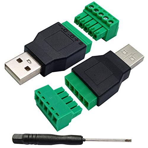 AAOTOKK USB 2.0 A 스크류 터미널 차단 변환기 USB 2.0 A Maleto 5 Pin/ Way Female Bolt 스크류 Shield 터미널 플러그가능 Type 변환기 커넥터 for 충전 and Data 전송 (2Pack/ Male)