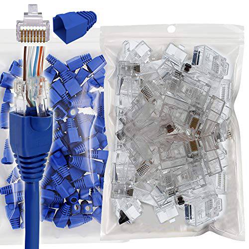 ITBEBE 100 Sets of RJ45 Cat6 패스 Through 커넥터 for 24 AWG 케이블 - 100 Pieces Cat6 커넥터 Ends and 100 Pcs RJ45 커넥터 블루 피로 완화 Boots for Clean, snag-Free 랜포트 패치 케이블