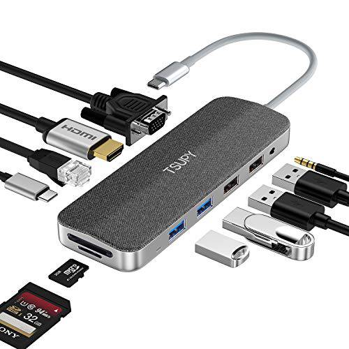TSUPY USB C HUB, 11 인 1 Type C 변환기 허브 with 기가비트 Ethernet, 4K HDMI, VGA, 고속 파워 Delivery 충전 Port, 3.5mm Audio, 4 USB Ports and SD/ TF 카드 리더,리더기 for 맥북 Pro/ Air, XPS and More