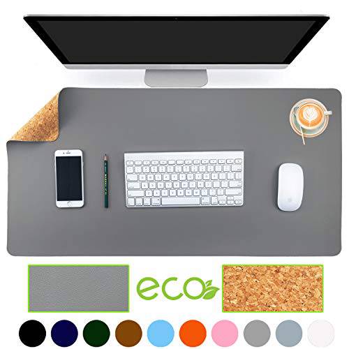 Aothia Eco-Friendly 내츄럴 코르크&  가죽 Double-Sided 사무실,오피스 데스크 매트 마우스 패드 부드럽고 서피스 소프트 간편 Clean 방수 PU 가죽 데스크 보호 for Office/ 홈 게이밍 (Gray, 31.5 x 15.7)