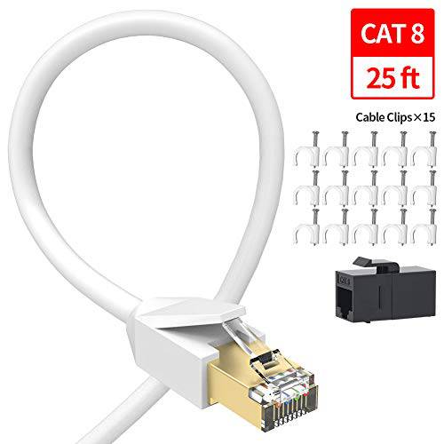 Cat 8 랜선, 랜 케이블, G랜ICS 25ft네트워크 Internet 케이블 패치 RJ45 High-Speed 금도금 Plug SSTP 랜 와이어 for Router, Modem, Gaming, Xbox, PS4, Switch (25ft, White-25 ft)