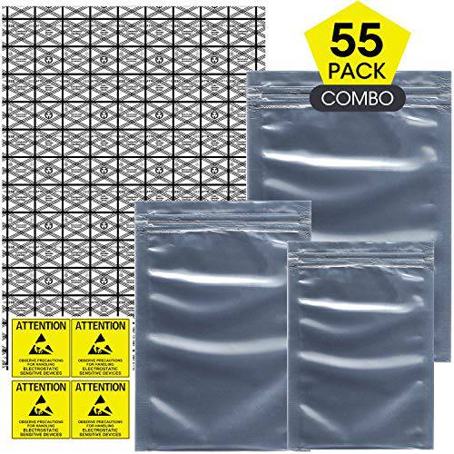 Rancco Anti Static Bags ESD Shielding Bag w/ Labels, 55 Pc 혼합 Sizes Open Top 라지 밀봉가능,밀봉 PVC Antistatic Bags for SSD/ HDD/ Motherboard/ 영상 Card/ RAM/ LCD 스크린 and 전자제품 디바이스
