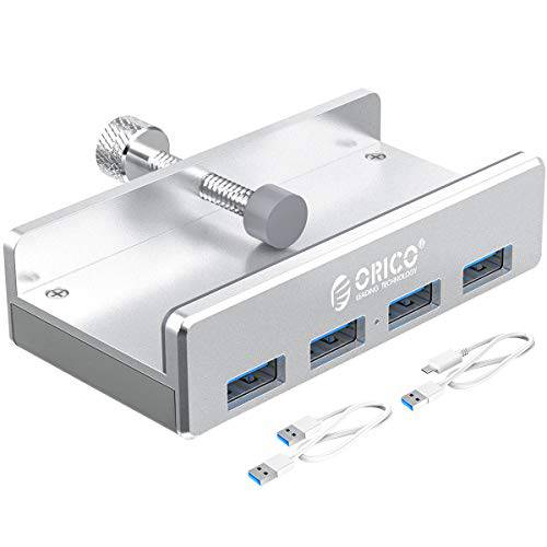ORICO 전원 USB 허브 Type C to USB 3.0 변환기 with 4 USB 3.0 Ports, 소형, 콤팩트 Space-Saving 장착가능 알루미늄 USB Hub, 고속 스피드 전송 with Type C to Type A Data 케이블, 클램프 모양뚜껑디자인 for 데스트탑