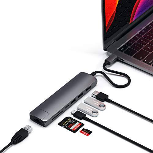 Satechi USB-C 슬림 Multi-Port with 랜포트 - 4K HDMI, 기가비트 Ethernet, USB-C PD 충전중 - 호환 with 2020/ 2019 맥북 Pro, 2020/ 2018 아이패드 Pro, 마이크로소프트 노트북 3 (Space Gray)