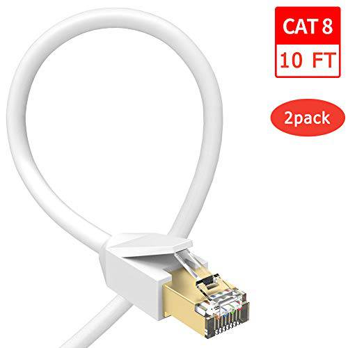Cat 8 랜선, 랜 케이블 10 ft, G랜ICS 네트워크 Internet 케이블 2Pack 패치 RJ45 High-Speed 금도금 Plug SSTP 랜 와이어 for Router, Modem, Gaming, Xbox, PS4, Switch (10ft-2Pack, White-10 ft)