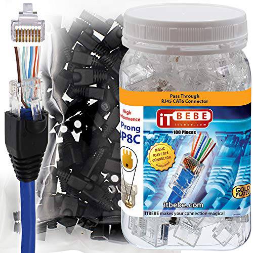 ITBEBE 100-Pieces 패스 Through RJ45 Cat6 커넥터 and 100-Pieces 블랙 피로 완화 Boots for 24 AWG Cables