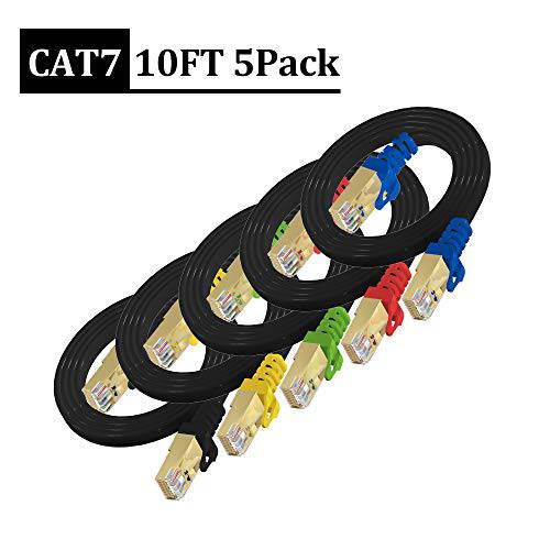 Cat7 랜선, 랜 케이블 10 ft 5Pack (Black Wire, Colorful Plug), CAIVOV Cat-7 Flat Shielded 랜포트 패치 케이블 - 인터넷 케이블 for Modem, Router, LAN,  컴퓨터 - 호환 with Cat5e, Cat6 네트워크