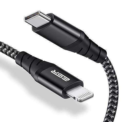 ESR USB C to 라이트닝 케이블, [6.6ft MFi-Certified], Braided Nylon 파워 Delivery 고속충전 for 아이폰 SE/ 11/ 11 프로/ 11 프로 맥스/ XR/ XS 맥스/ Xs/ X/ 8, for 사용 with Type-C Chargers, 블랙