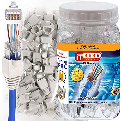 ITBEBE 100-Pieces RJ45 Cat6 패스 Through 커넥터 앤 100-Pack White 피로 완화 Boots for 24 AWG Cables