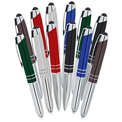 스타일러스펜, 터치펜 for 터치스크린 Devices, Tablets, iPads, iPhones, Multi-Function 정전식 펜 with LED Flashlight, Ballpoint 잉크 Pen, 3-in-1 메탈 Pen, Multi, 12PK