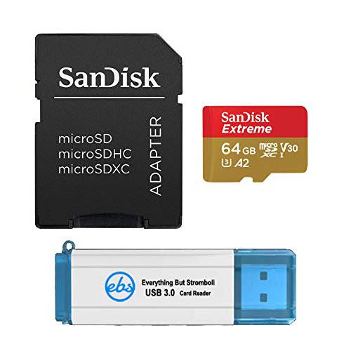 SanDisk 64GB SDXC 미니 Extreme 메모리 카드 Works with DJI 오즈모 포켓,미니,휴대용 짐벌 카메라 4K V30 Class 10 A2 UHS-I (SDSQXA2-064G-GN6MN) 번들,묶음 with (1) Everything But Stromboli 3.0 카드 리더,리더기