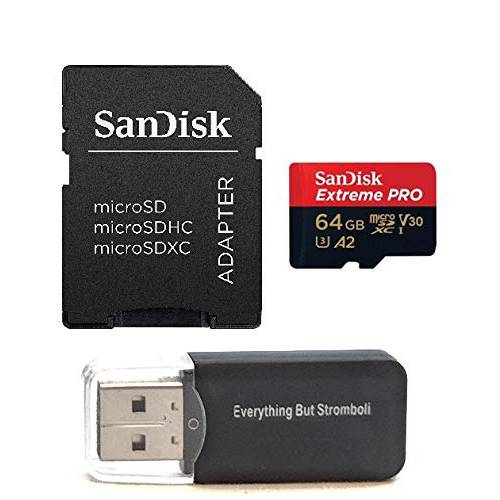 SanDisk 64GB 미니 SDXC Extreme 프로 메모리 카드 번들,묶음 Works with 고프로 히어로 7 Black, Silver, Hero7 White UHS-1 U3 A2 with (1) Everything But Stromboli (TM) 미니 카드 리더,리더기