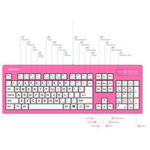 2019 104-Key Large 프린트 USB 유선 7ft, Spill-Resistant, 핫 핑크 and White, 듀러블 키보드 for Laptop, Mac, TV, and 컴퓨터 (Pink)
