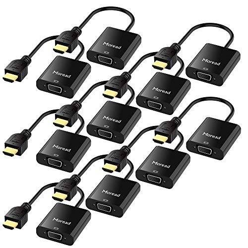 Moread HDMI to VGA with 오디오, 10 Pack, Gold-Plated Active HDMI to VGA 어댑터 (Male to Female) with Micro USB 파워 케이블& 3.5mm 오디오 케이블 for PS4, 맥북 Pro, 맥 mini, 애플 TV and 더 - 블랙