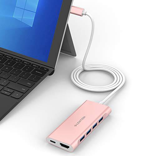 LENTION 3.3FT Long 케이블 USB C 멀티포트 허브 with 4K HDMI, 4 USB 3.0, Type C 충전 어댑터 호환가능한 2020-2016 맥북 프로 13/ 15/ 16, New 맥 Air/ Surface, Chromebook, More (CB-C35-1M, Rose Gold)