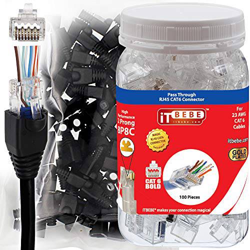 ITBEBE 100 Sets 패스 Through RJ45 Cat6 커넥터 and 블랙 피로 완화 Boots for Solid or Stranded Wire. 8P8C UTP Passthrough cat 6 네트워크 랜포트 마개 for 비차폐 23 AWG Cables
