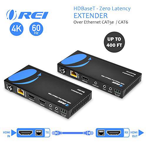 4K HDMI 연장 Balun by Orei - HDBaseT UltraHD 4K @ 60Hz 4:4:4 Over Single CAT5e/ 6/ 7 케이블 with HDR,  CEC&  IR Control, RS-232 - 이상 to 400 ft - 고리 Out - 힘 Over 케이블 - 오디오 Out (UHD-EXB400R-K)