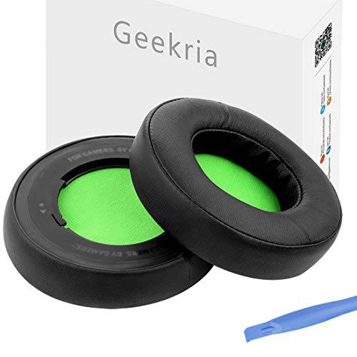 Geekria 단백질,프로틴 가죽 이어패드 교체용 for 레이저 Kraken 7.1 Chroma V2 USB 게이밍 Headset/ 헤드폰 이어 Pad/ 이어 쿠션 Chroma V2 이어 Cups/ 이어 Cover/ 이어패드 리페어 부속 (Black/ Green)