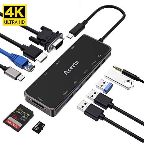Aceele USB C 허브 멀티포트 Adapter, USBC 3.1 탈부착 스테이션 동글 with HDMI, VGA, 100W PD, 3.5mm Jack, Ethernet, USB Ports, SD 카드 리더기 for 썬더볼트 3 맥북 아이패드 Pro, XPS 13, Type C 노트북