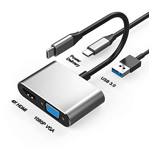 EMATETEK 4-in-1 USB C 허브 어댑터 with 4K HDMI, 1080P VGA, 60W 파워 Delivery and USB 3.0 Port. 호환가능한 for 맥북 프로 Air, 아이패드 프로 2019 2018, Dell XPS, Pixelbook, and More.