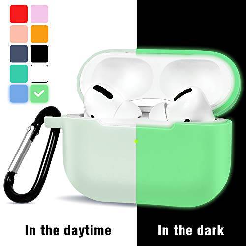 보호 케이스for 에어팟 프로 케이스, 실리콘 커버 호환가능한 with 에어팟 프로 충전 케이스 with Keychain, 전면 LED Visible, Non-Slip, 충격방지 (Glow Green)