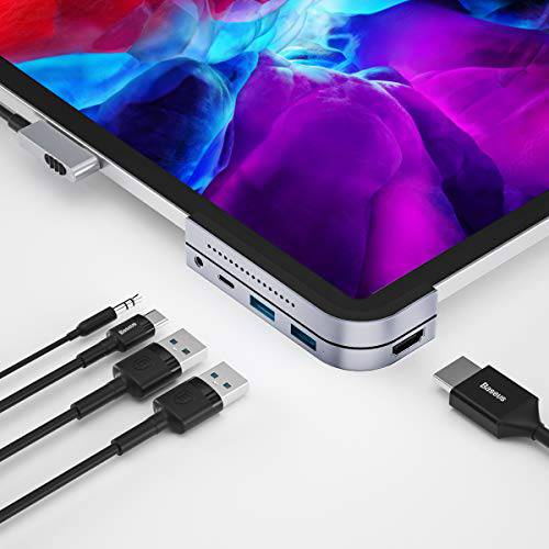Baseus USB C 허브 for 아이패드 프로, 투명 6 인 1 Type C 어댑터 동글 with 4K HDMI, 2 USB 3.0, PD Charging, 3.5mm 헤드폰 and Micro SD for 아이패드 프로 2020/ 2019, 맥북 프로 2020/ 2019/ 2018 and More