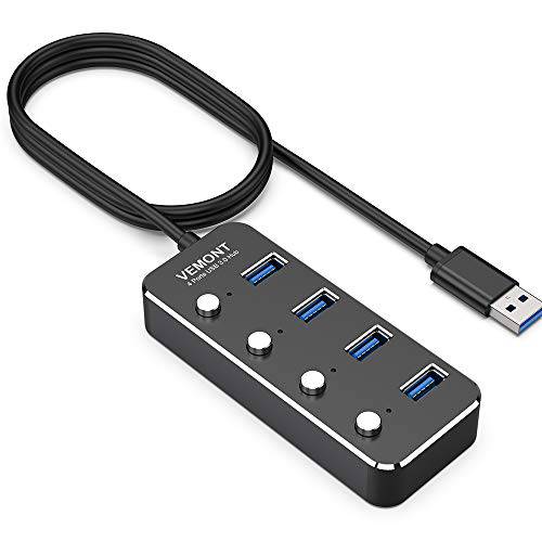 VEMONT USB 허브 알루미늄 USB 3.0 Data 허브 with 개별 On/ 오프 Switches and LED 조명,라이트,가로등 for Laptop, PC, 컴퓨터 (4ft/ 120cm) (4port)