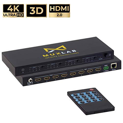 MuxLab 4x4 HDMI 2.0 Matrix Switch/ 분배기 with IR Remote | 지원 4K@60Hz, 4:4:4, HDR, 4 Input and 4 출력 | 컨트롤 with IR Remote, RS232, TCP/ IP& Push 버튼