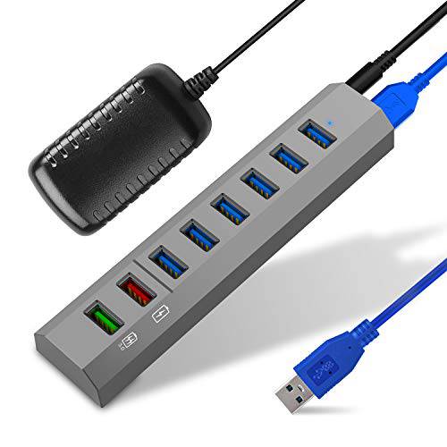 USB 허브, KOOTION 8-Port USB 3.0 허브 with 파워 어댑터 (12V/ 3A) Including 6 고속 USB3.0 Data 전송 Ports， 1 BC1.2 스마트 충전 Port and 1 퀵 충전 Port, 그레이