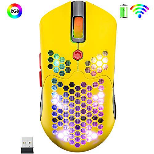 무선 게이밍 마우스, 16 RGB Backlit 초경량 무선/ 유선 마우스 with 프로그래밍가능 드라이버, 충전식 800mA 배터리, Pixart 3325 12000 DPI, 경량 벌집패턴 쉘 for PC 게이머 (Yellow)