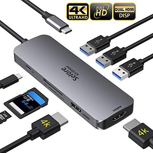USB C to 듀얼 HDMI 어댑터, 8 in 1 USB C 썬더볼트 3 어댑터 to 듀얼 HDMI, 3 USB 3.0, 100W PD Port, USB C to SD/ TF 카드 리더,리더기 for 서피스 프로 7, 델 XPS 13/ 15, 화웨이 Matebook X 프로, etc