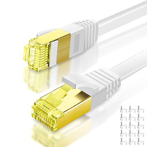 Aoforz 고양이 7 랜선, 랜 케이블 35 ft 1 팩 이중 보호처리된 평평한 케이블 - 고속 Internet 네트워크 케이블 Up to 10 Gigabit-Gold Plated Rj45 커넥터 for 컴퓨터, 모뎀, Router(35ft, 화이트)