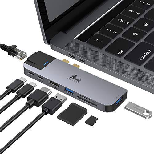 USB C 어댑터 for 맥북 프로 2020/ 2019/ 2018/ 2017/ 2016 13/ 15/ 16 inch 맥북 에어 2020-2018, 멀티포트 어댑터 with 썬더볼트 3, 4K HDMI, 기가비트 랜포트, 2 X USB 3.0，PD 충전, SD/ TF 카드 Reade