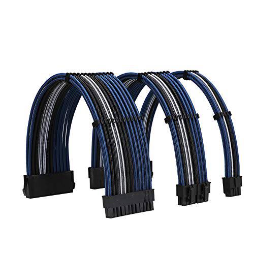 FormulaMod 파워 서플라이 Sleeved 케이블 18AWG ATX 24P+ EPS 8-P+ PCI-E8-P PSU 연장 케이블 Kit 30cm Length with 케이블 Combs (Black-Blue Black-White 블랙)