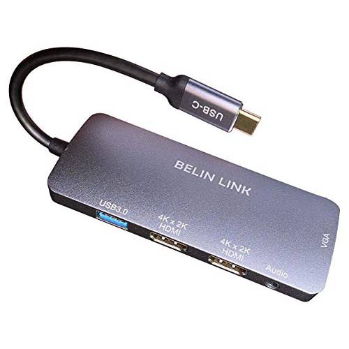 USB-C HDMI2 VGA USB3.0 어댑터, 지원 MST 듀얼 모니터 탈부착 스테이션 싱글 4K@30Hz or 듀얼 1080p 썬더볼트 3 to HDMI and VGA 비디오, 타입 C Multi-Port 어댑터, USB 3.0, only Mac OS 미러 모드