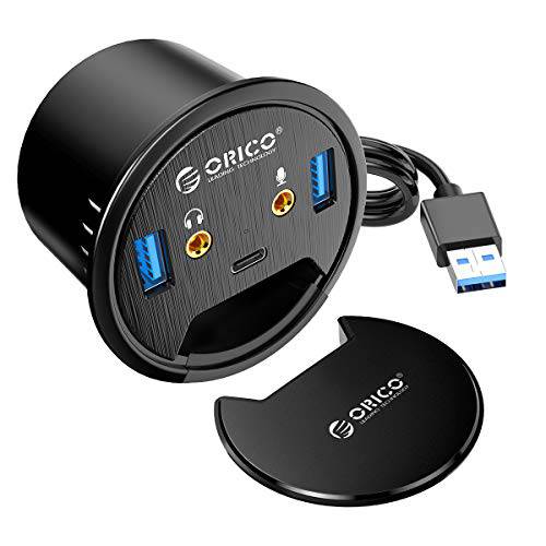 ORICO  데스크 Grommet USB 3.0 허브 2 Type-A 포트, 1 Type-C 포트, 마이크& 오디오 잭, 4.9ft 연장 케이블 직경 60mm 홀, 데스크탑 케이블 오거나이저,수납함,정리함, 사무실,오피스 악세사리