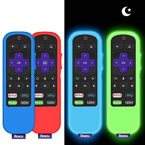 4 팩 보호 케이스 TCL Roku TV 찜 스틱 3600R/ 3800/ 3900 리모컨, 실리콘 커버 Roku 음성/ Express/ Premiere 리모컨 컨트롤러 스킨, 교체용 Sleeve-Glow 그린, 글로우 블루, 레드, 블루