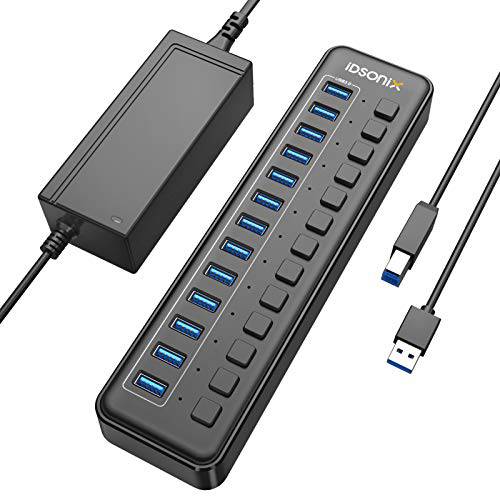 iDsonix USB 3.0 허브, 13-Port 12V/ 5A 전원 USB 허브 개인 스위치 5Gbps 고속 전송 BC1.2 (5V2.4A) 고속충전 USB 분배기 노트북, PC, HDD, SDD and More -블랙