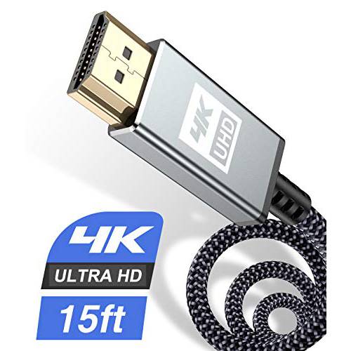 4K HDMI 케이블 15ft, Sweguard HDMI 2.0 심 케이블 고속 18Gbps 금도금 나일론 Braid 케이블 지원 4K@60Hz, 2K@144Hz, 3D, HDR, UHD 2160P, 1440P, 1080P, HDCP 2.2, ARC 애플 TV, 파이어 TV, PS4, PS3, PC-Grey